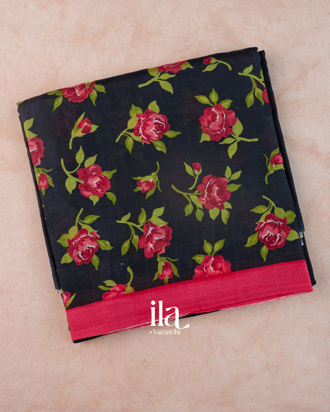 Black Rose Floral Printed Semi Mangalgiri Saree