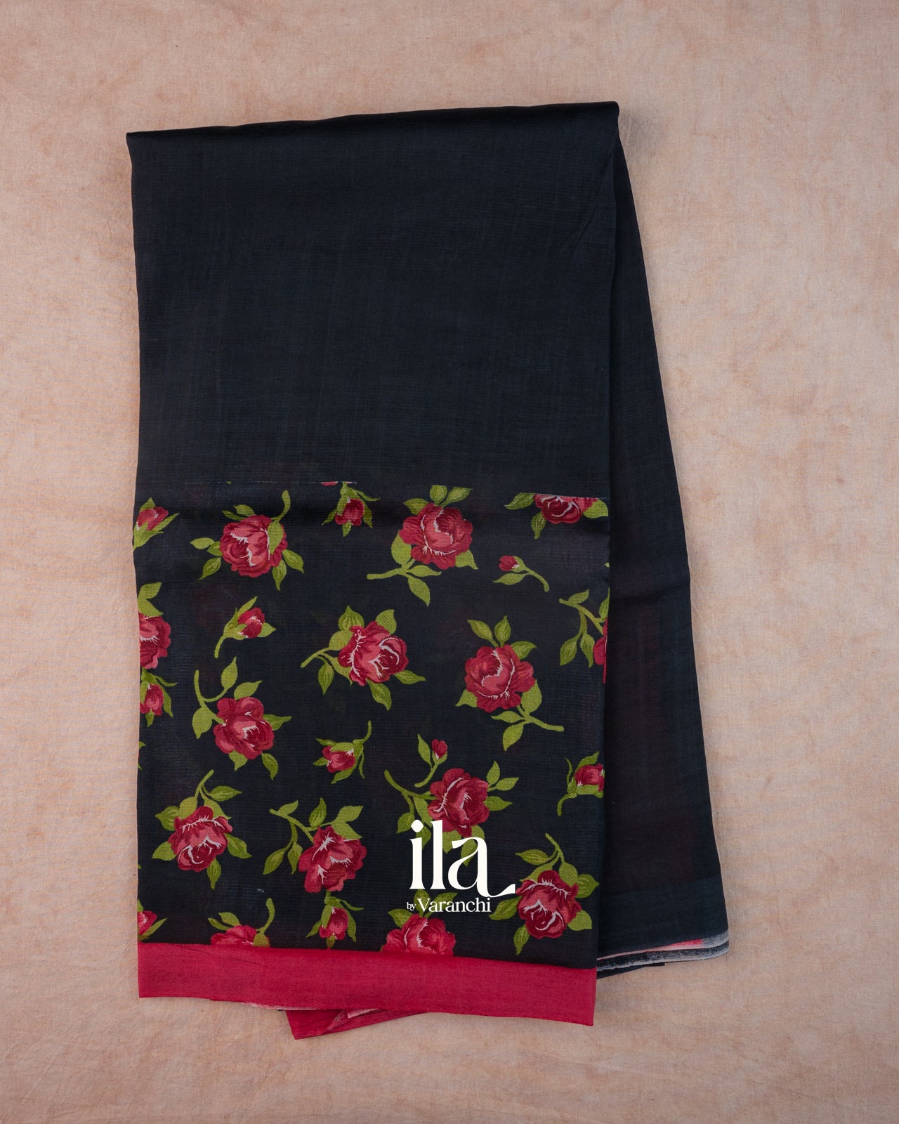 Black Rose Floral Printed Semi Mangalgiri Saree