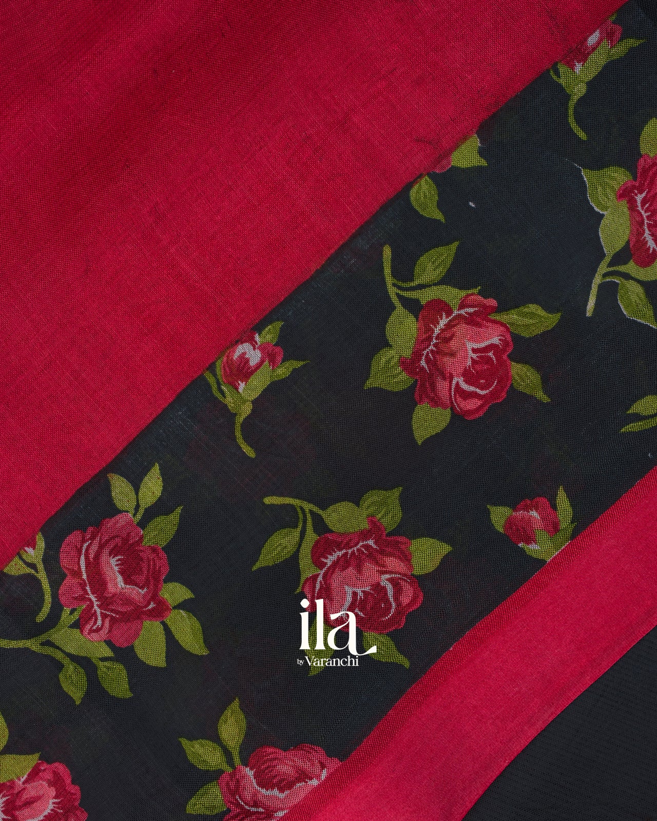 Black Rose Floral Printed Semi Mangalgiri Saree