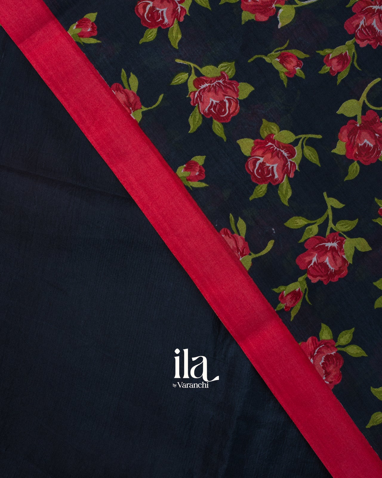 Black Rose Floral Printed Semi Mangalgiri Saree