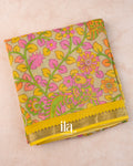 Mustard Yellow Peacock Kalamkari Printed Semi Mangalgiri Saree