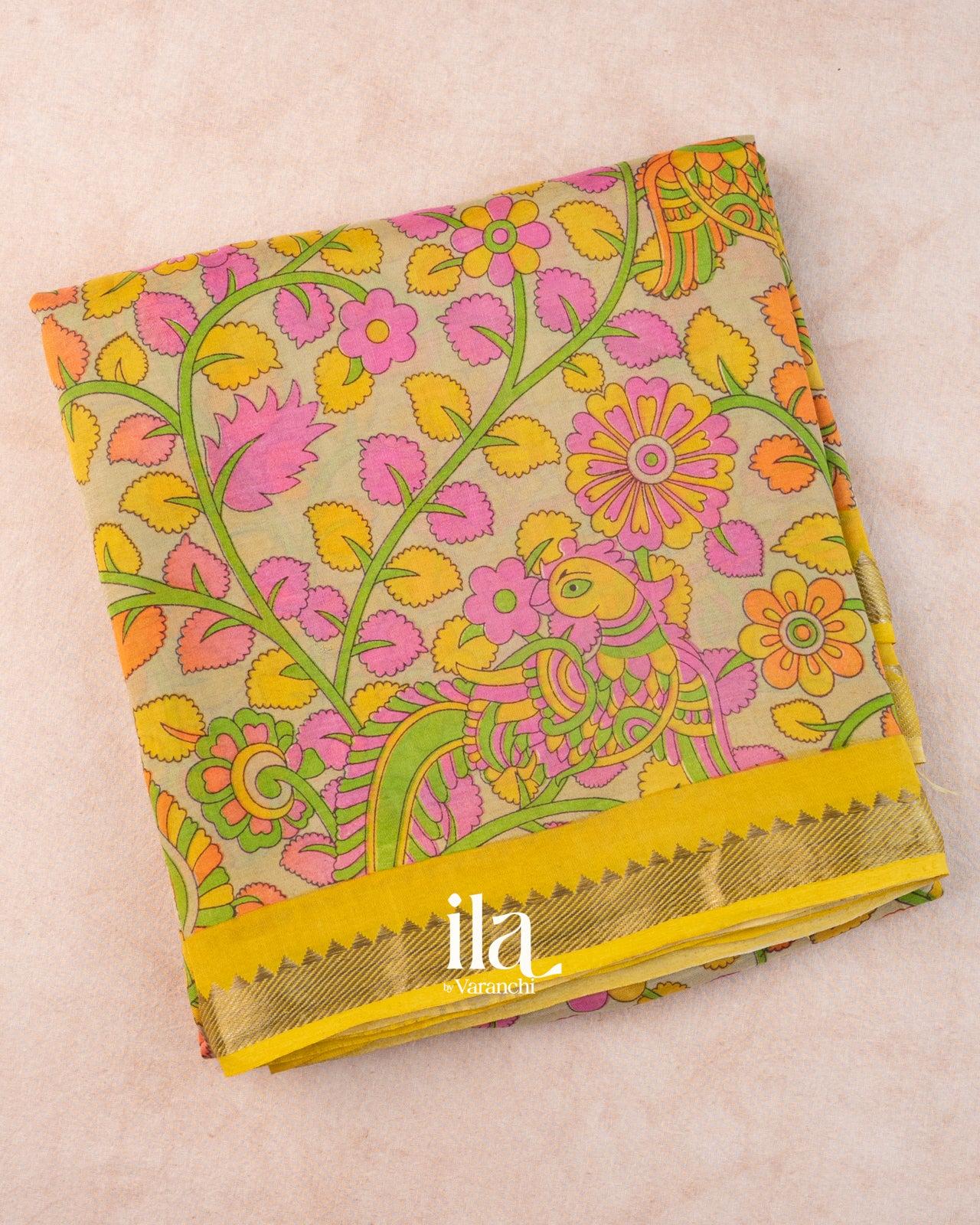 Mustard Yellow Peacock Kalamkari Printed Semi Mangalgiri Saree