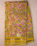 Mustard Yellow Peacock Kalamkari Printed Semi Mangalgiri Saree