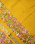 Mustard Yellow Peacock Kalamkari Printed Semi Mangalgiri Saree