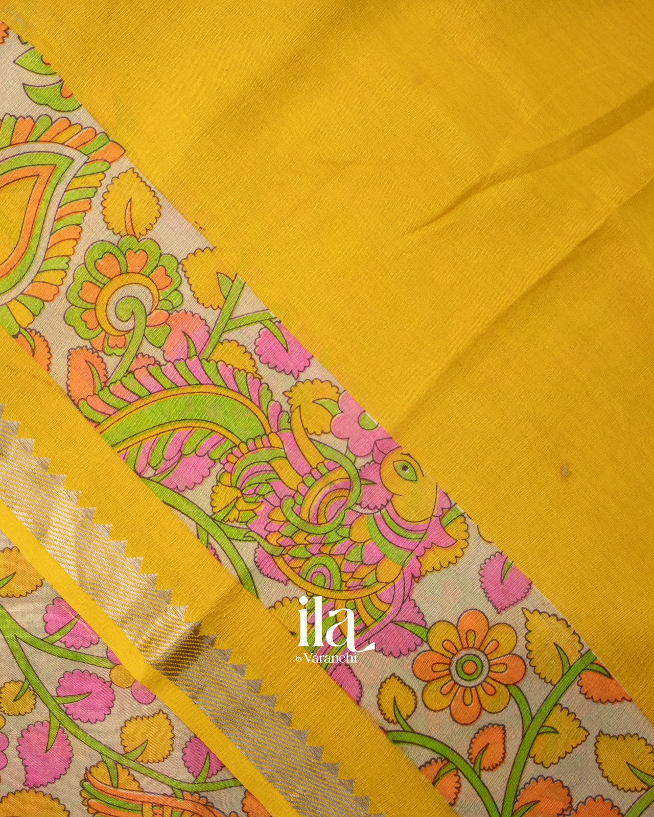 Mustard Yellow Peacock Kalamkari Printed Semi Mangalgiri Saree