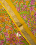Mustard Yellow Peacock Kalamkari Printed Semi Mangalgiri Saree