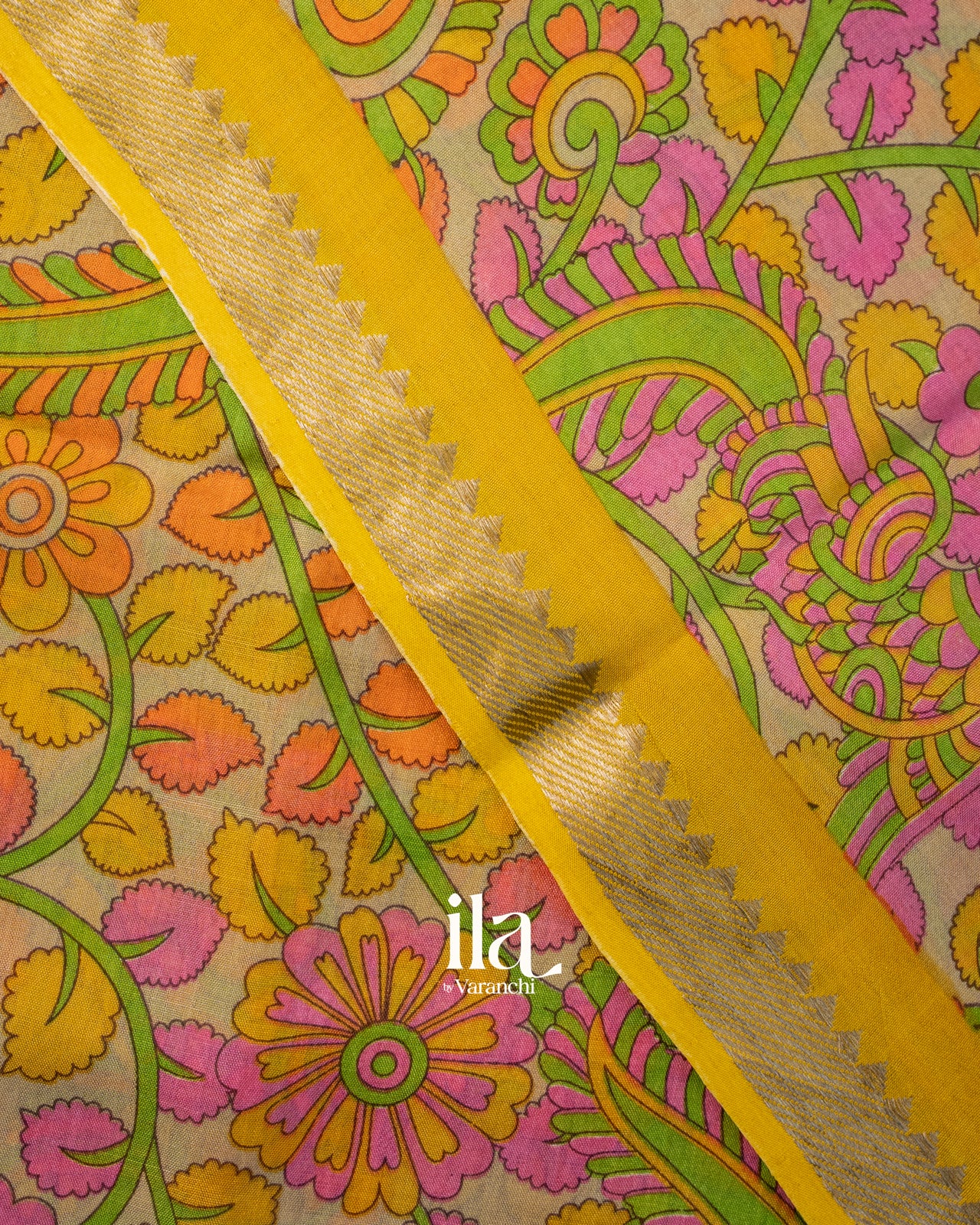 Mustard Yellow Peacock Kalamkari Printed Semi Mangalgiri Saree