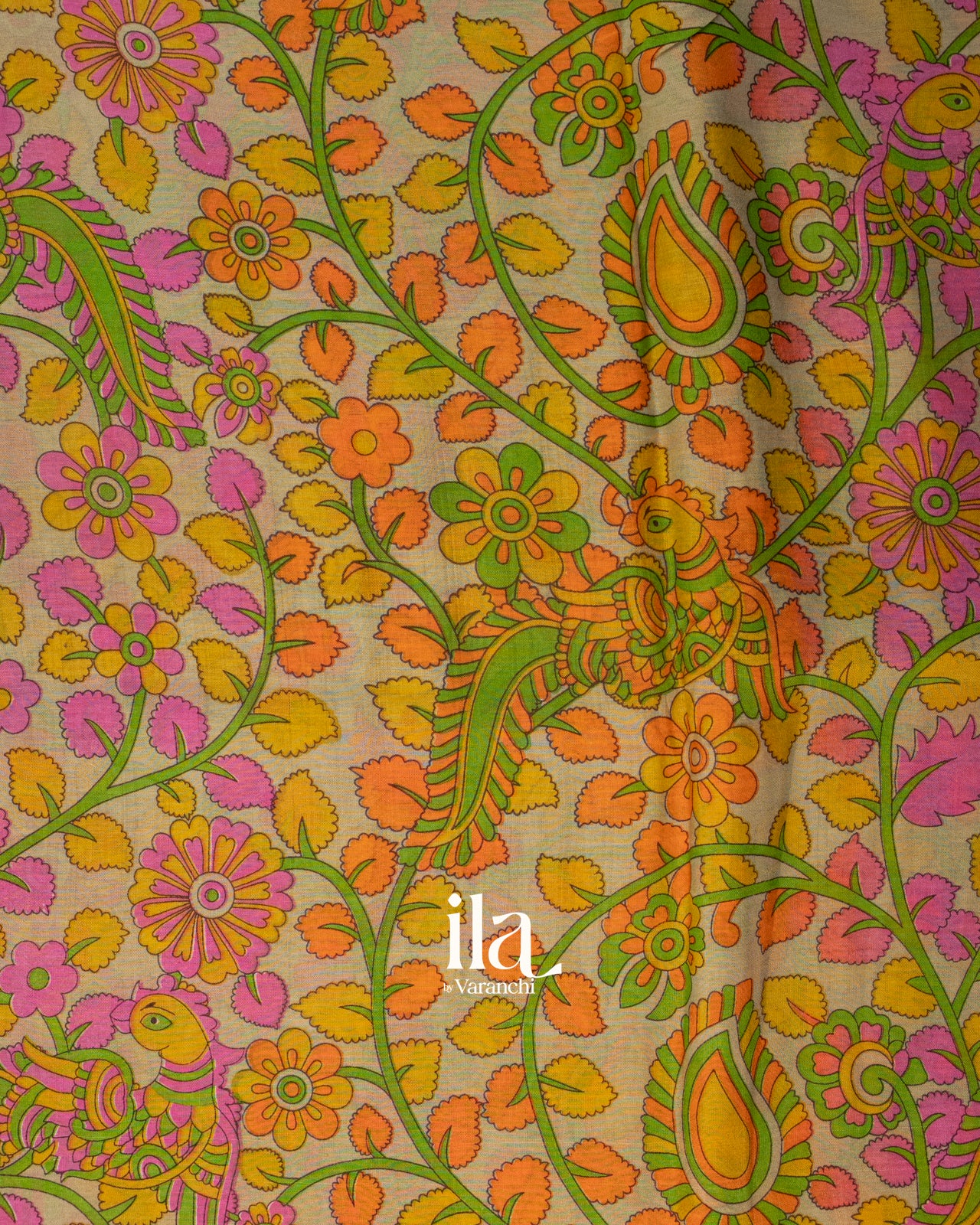 Mustard Yellow Peacock Kalamkari Printed Semi Mangalgiri Saree