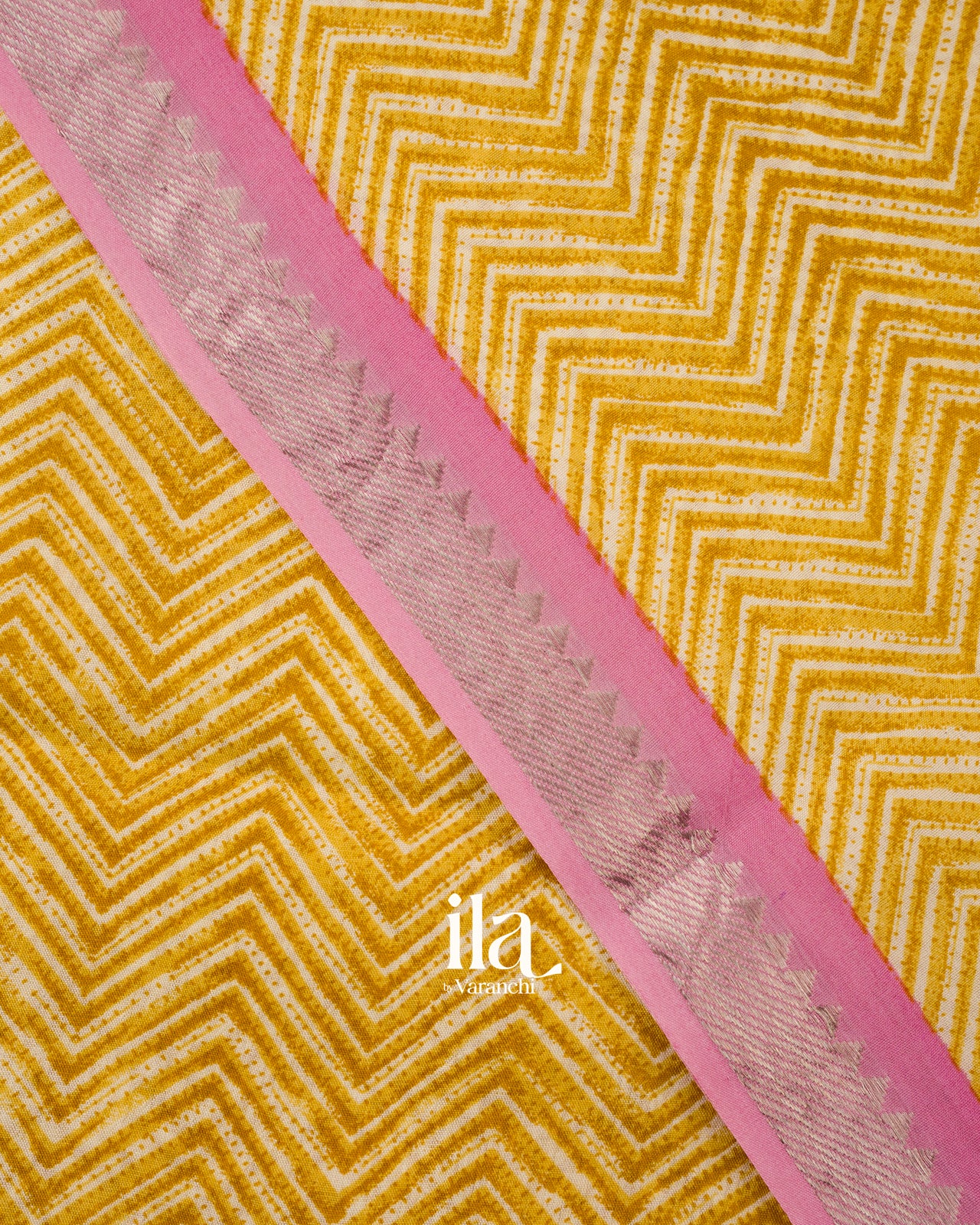 Mustard Yellow Chevron Semi Mangalgiri Saree