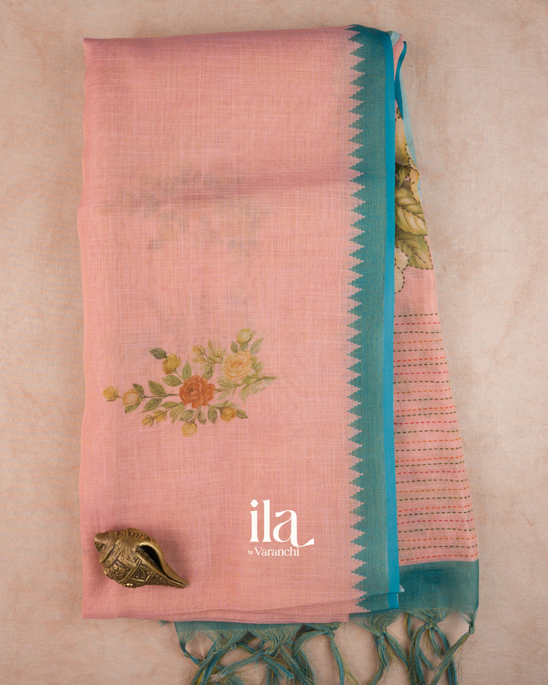 Peach Floral Printed Semi Linen Tissue Saree