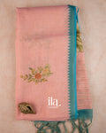 Peach Floral Printed Semi Linen Tissue Saree