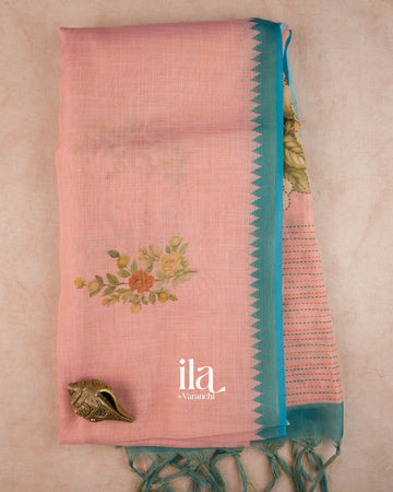 Peach Floral Printed Semi Linen Tissue Saree