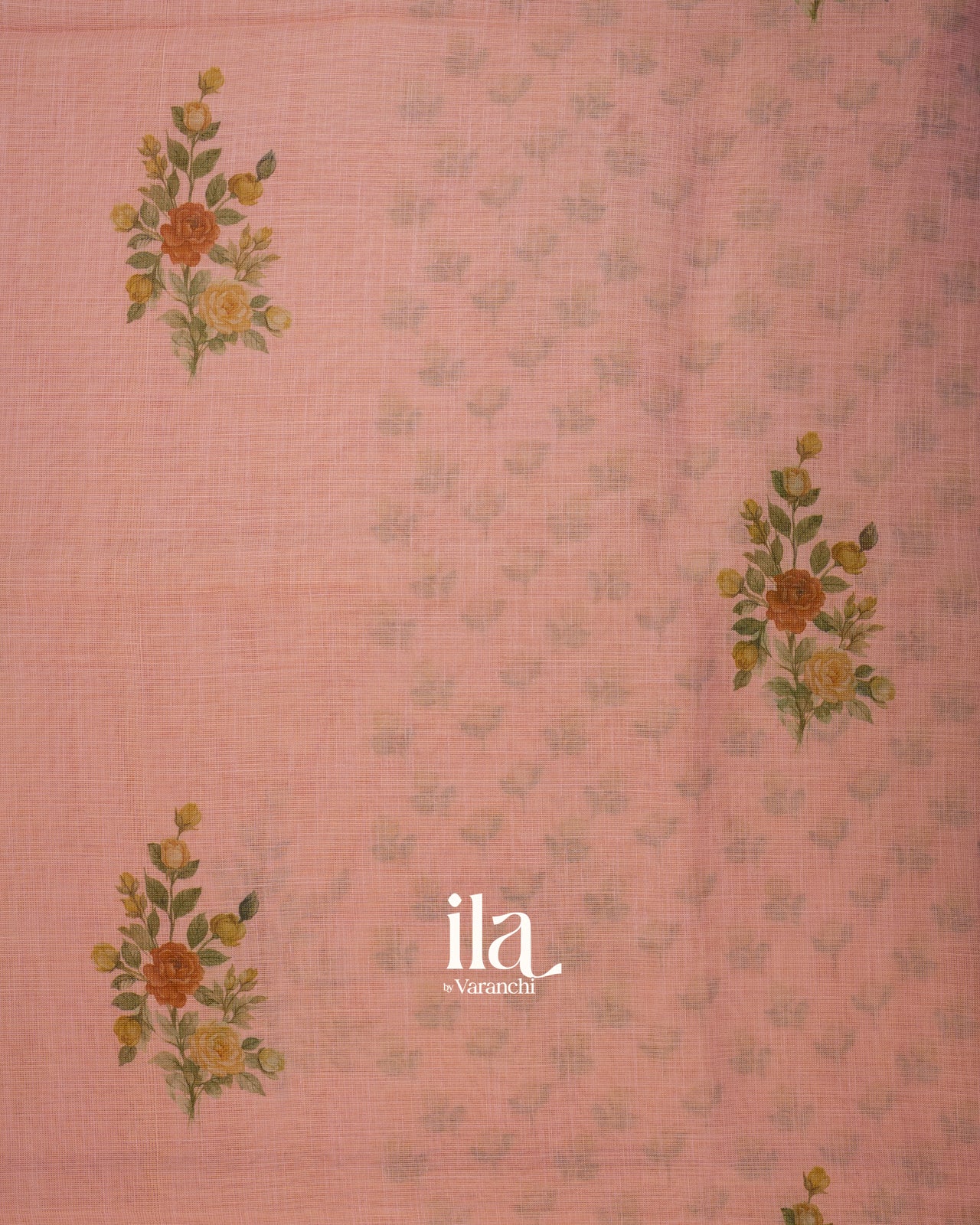 Peach Floral Printed Semi Linen Tissue Saree