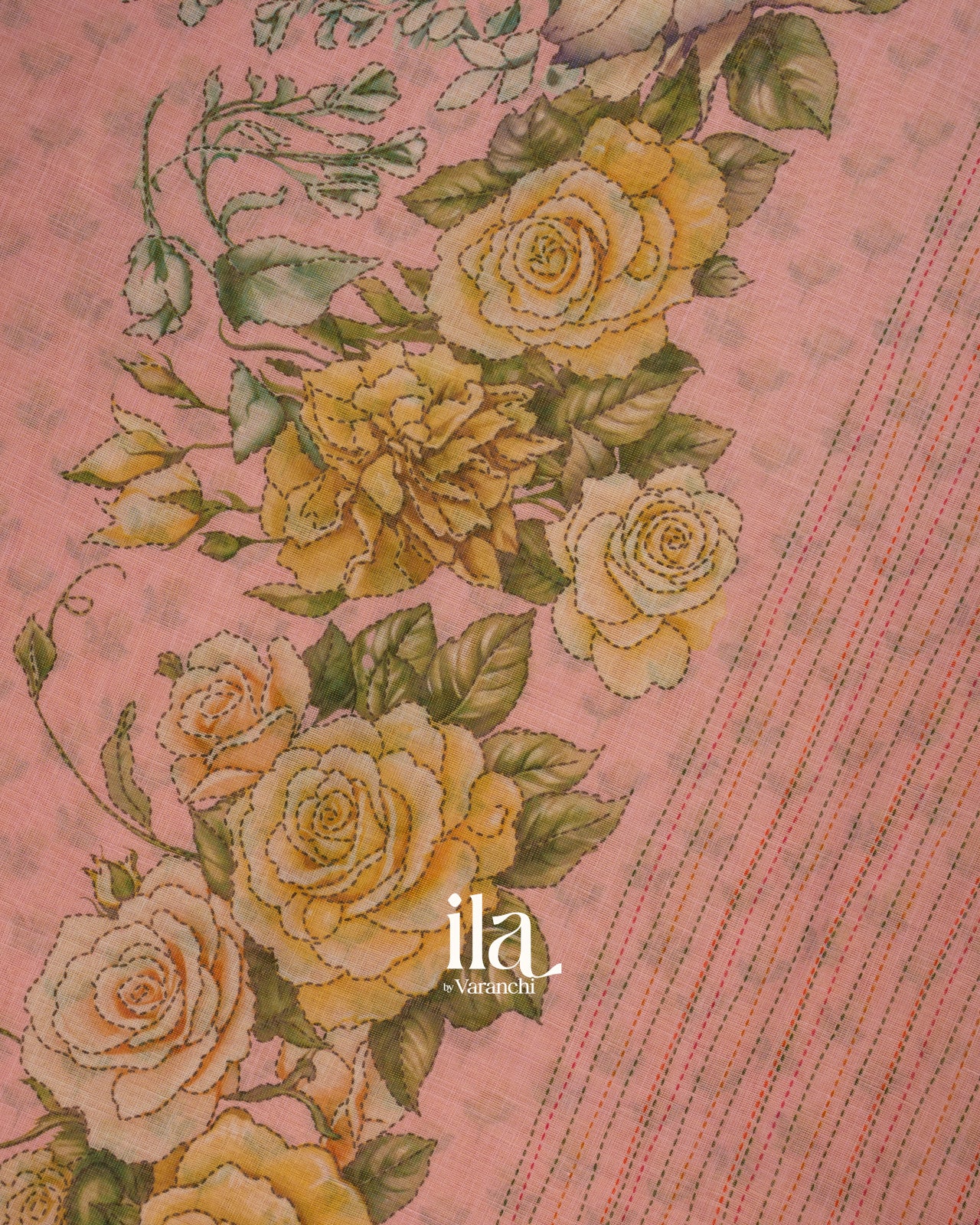 Peach Floral Printed Semi Linen Tissue Saree