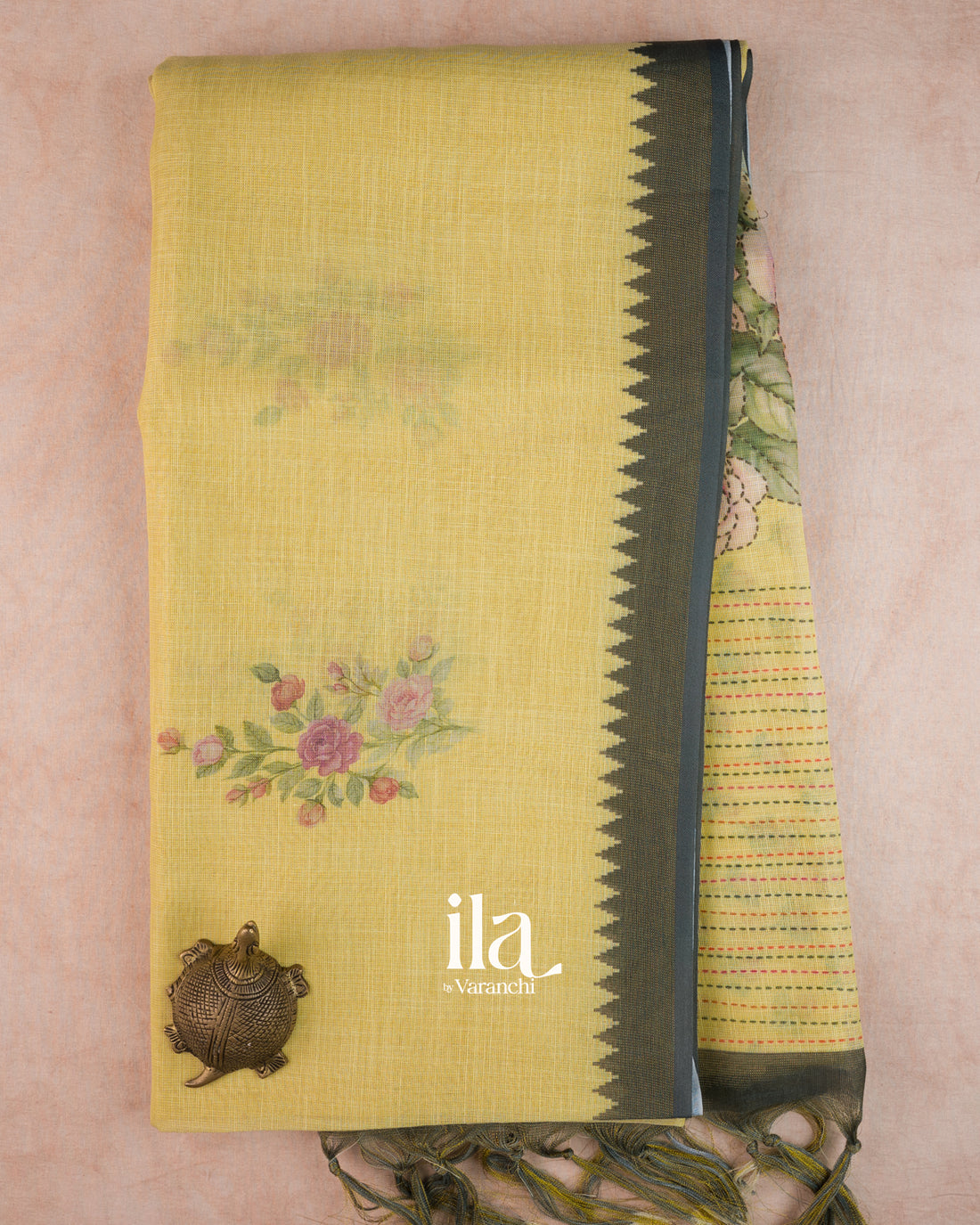 Mustard Floral Printed Semi Linen Tissue Saree