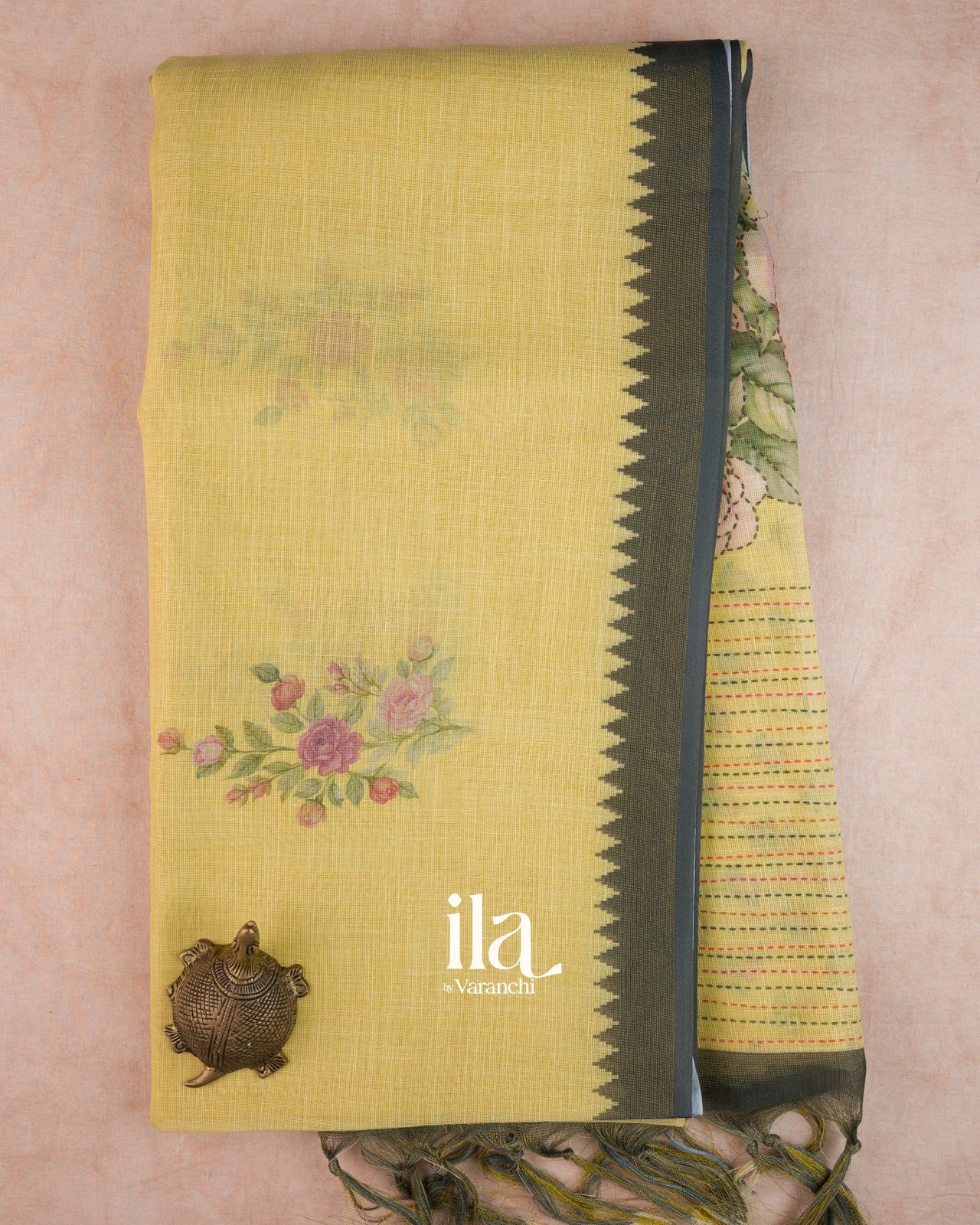 Mustard Floral Printed Semi Linen Tissue Saree