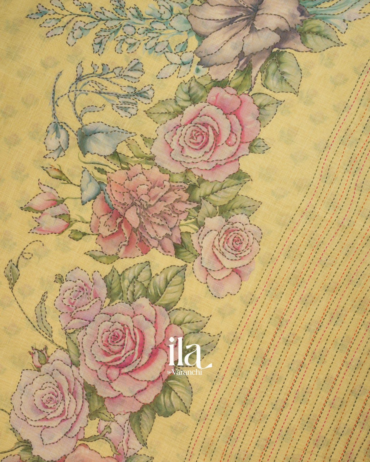 Mustard Floral Printed Semi Linen Tissue Saree