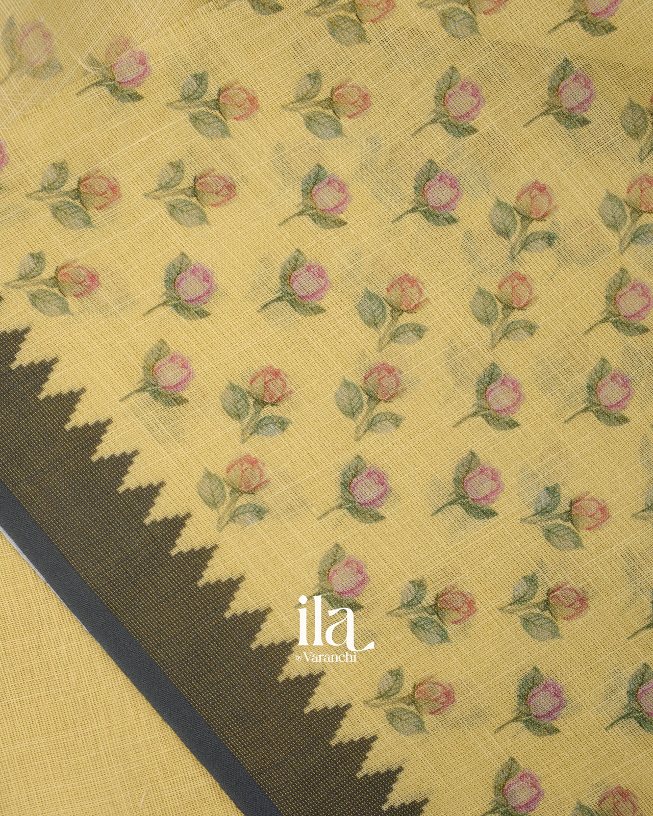 Mustard Floral Printed Semi Linen Tissue Saree