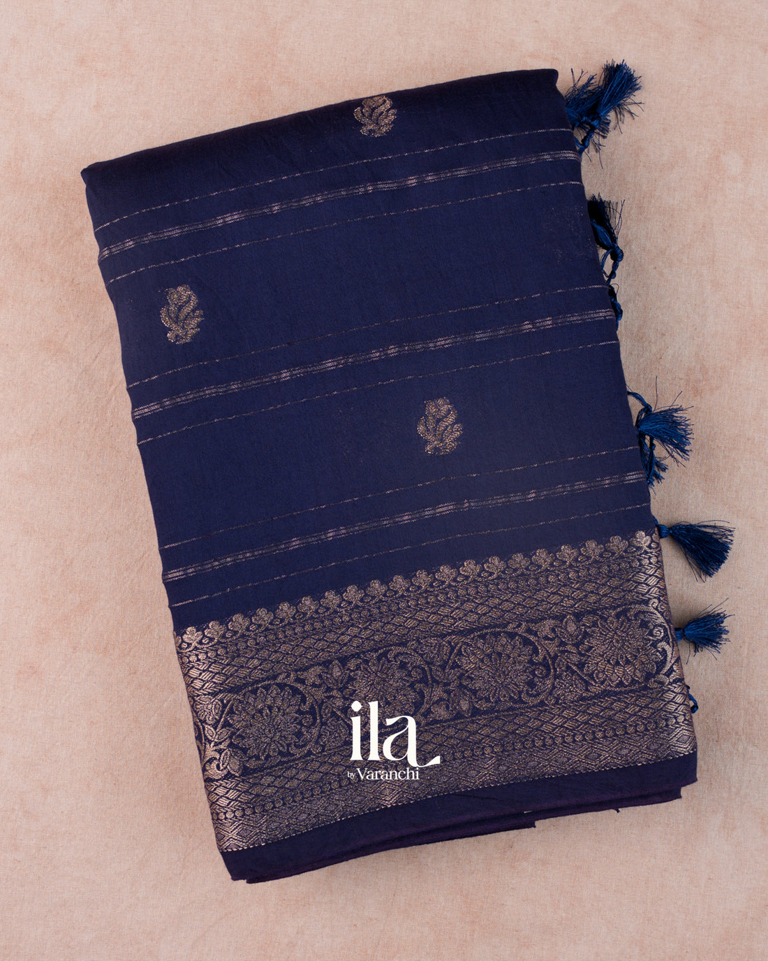 Navy Blue Striped Assam Silk Saree