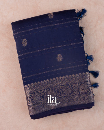 Navy Blue Striped Assam Silk Saree