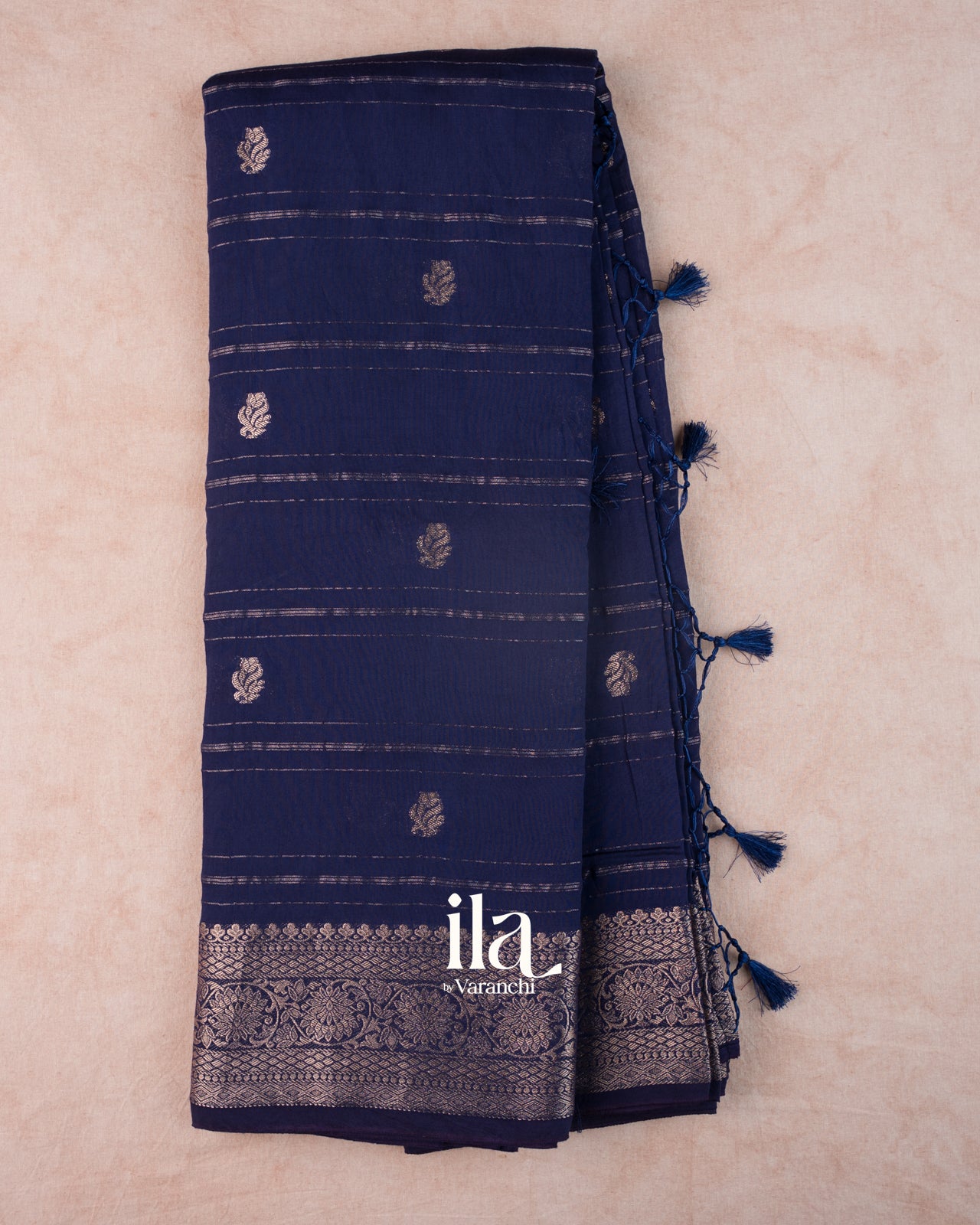 Navy Blue Striped Assam Silk Saree