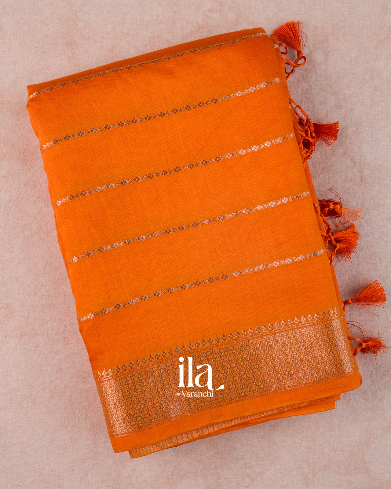 Bright Orange Striped Assam Silk Saree