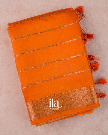 Bright Orange Striped Assam Silk Saree
