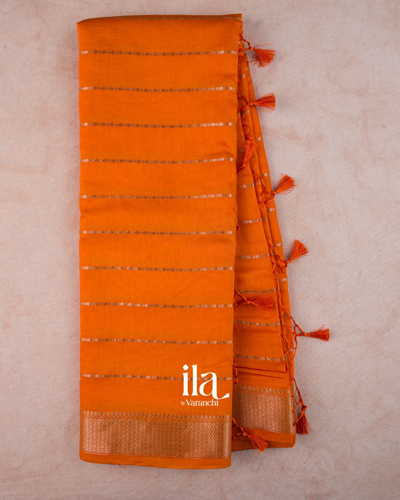 Bright Orange Striped Assam Silk Saree