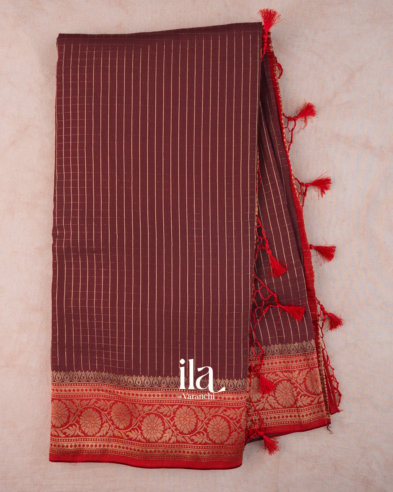 Deep Maroon Checkered Assam Silk Saree