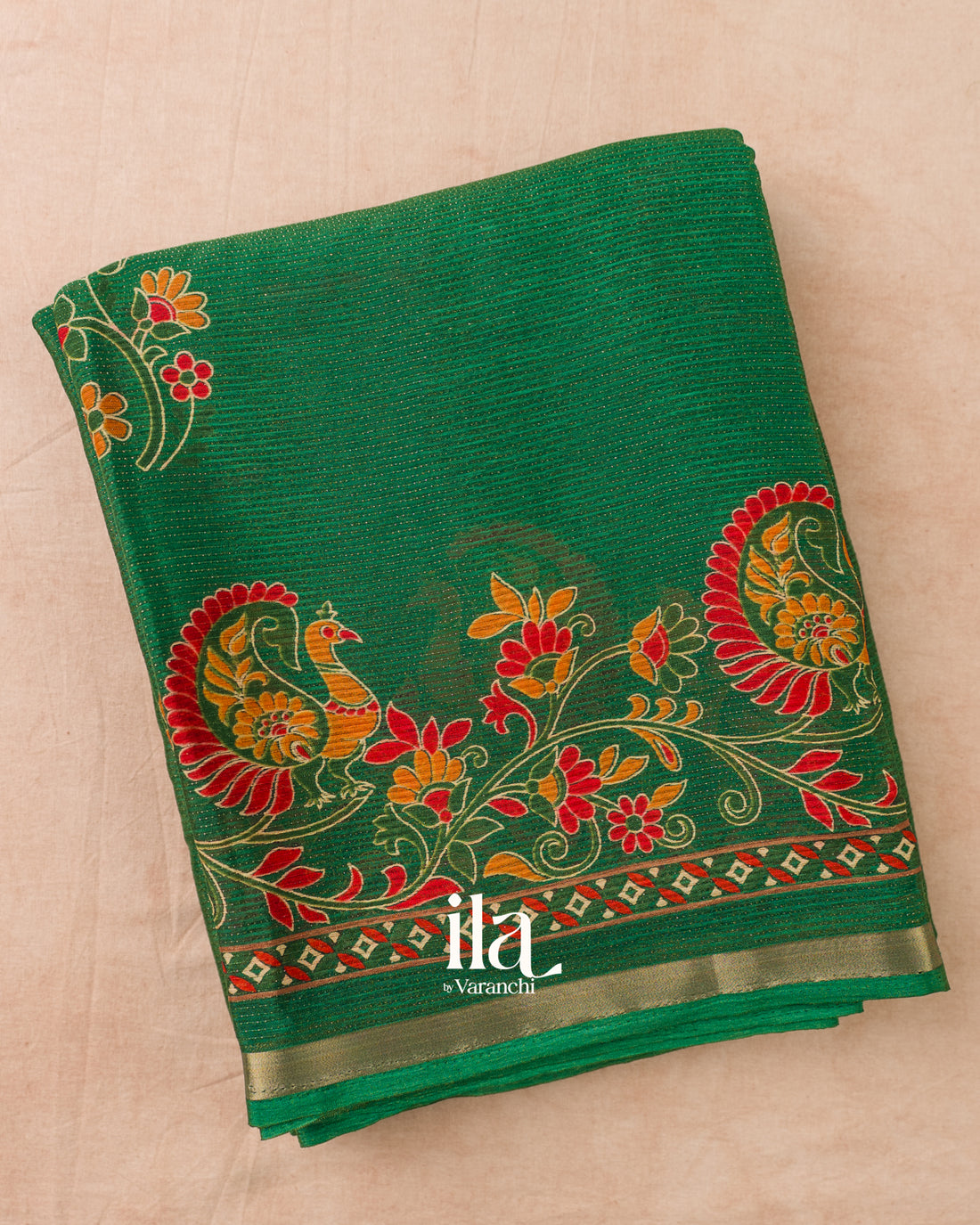 Bottle Green Peacock Printed Chinon Saree