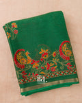 Bottle Green Peacock Printed Chinon Saree