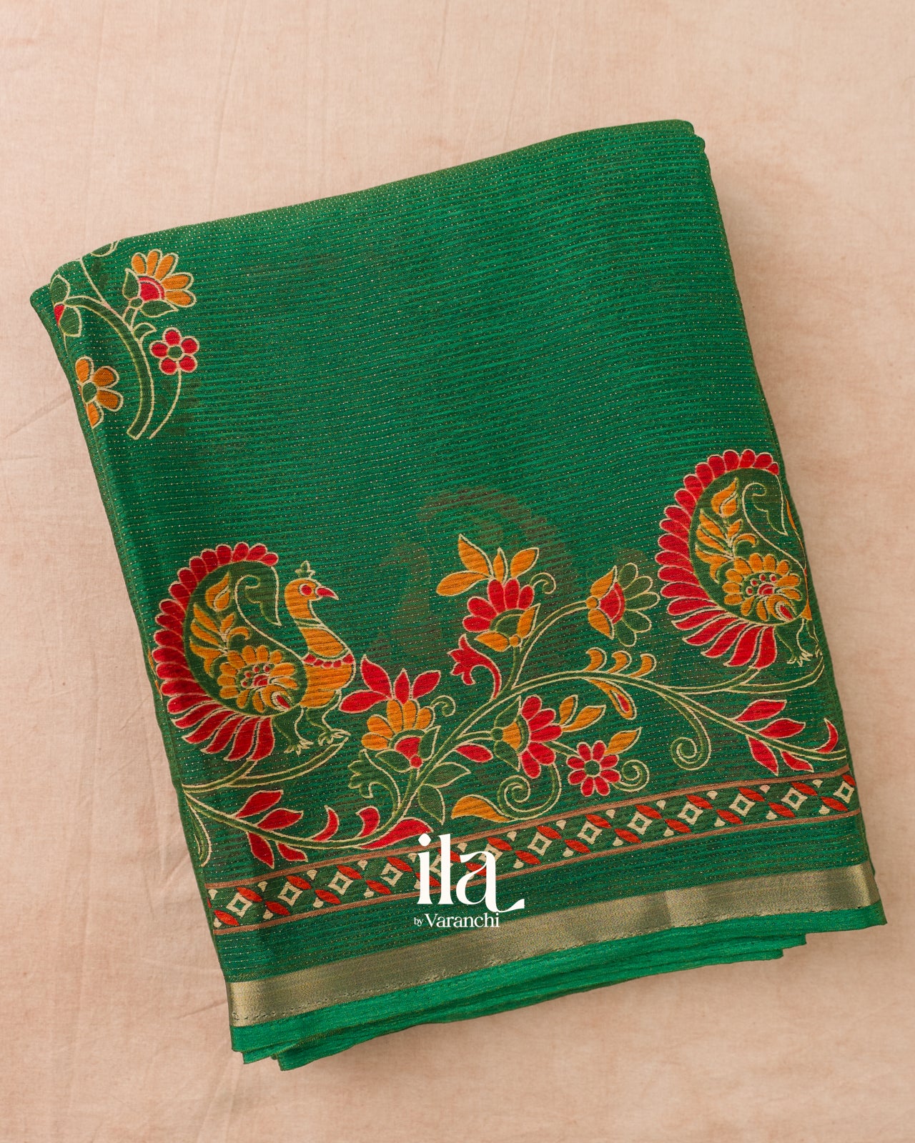 Bottle Green Peacock Printed Chinon Saree