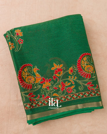 Bottle Green Peacock Printed Chinon Saree