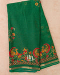 Bottle Green Peacock Printed Chinon Saree