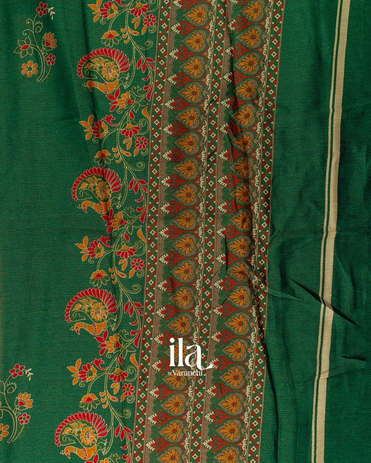 Bottle Green Peacock Printed Chinon Saree