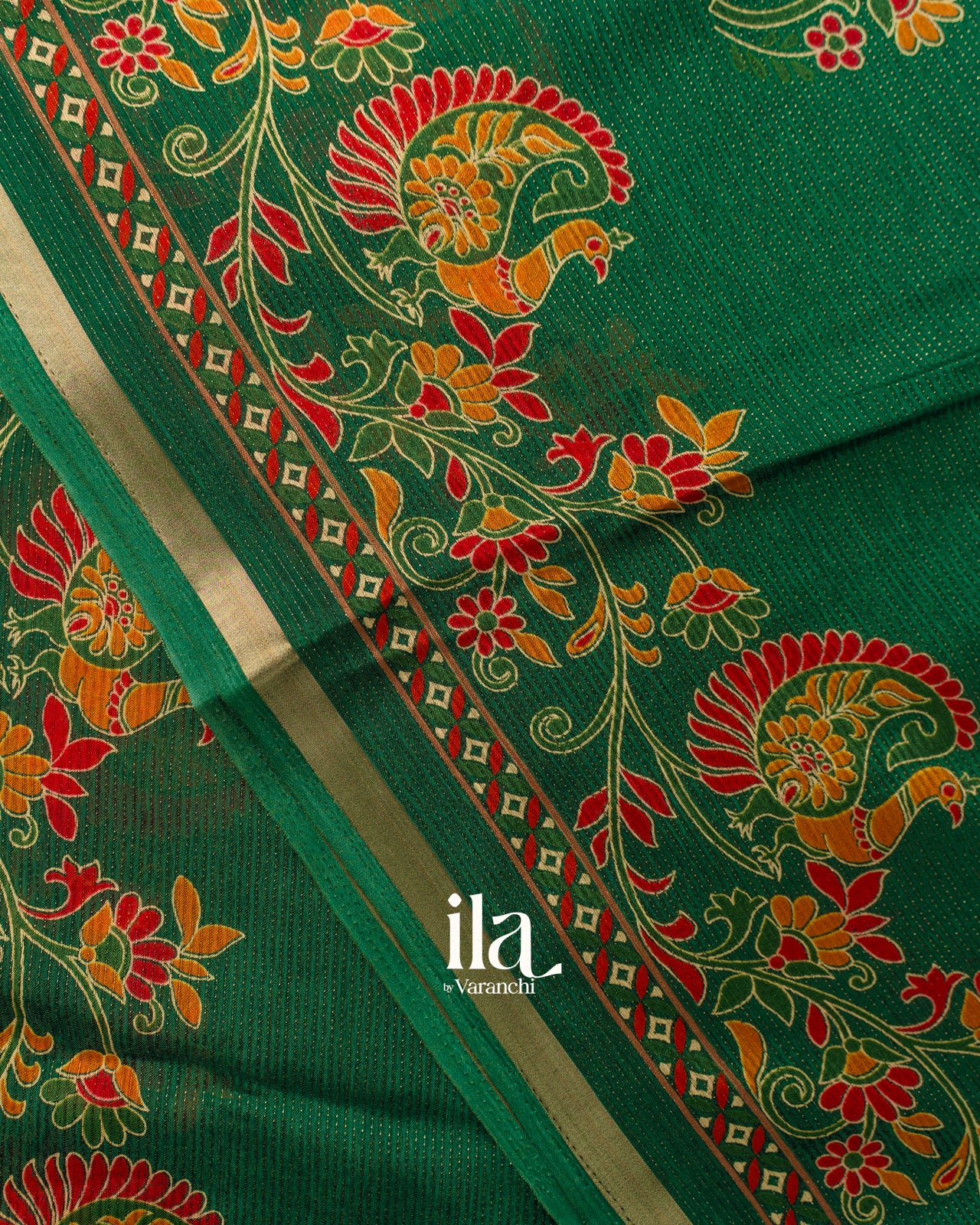 Bottle Green Peacock Printed Chinon Saree