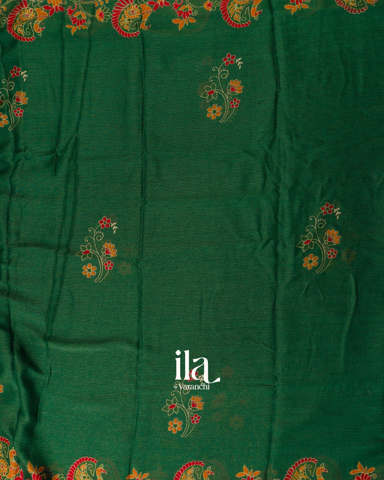 Bottle Green Peacock Printed Chinon Saree