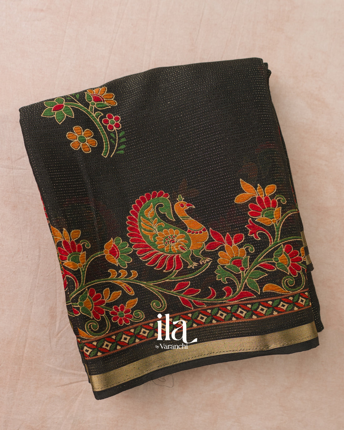 Black Peacock Printed Chinon Saree
