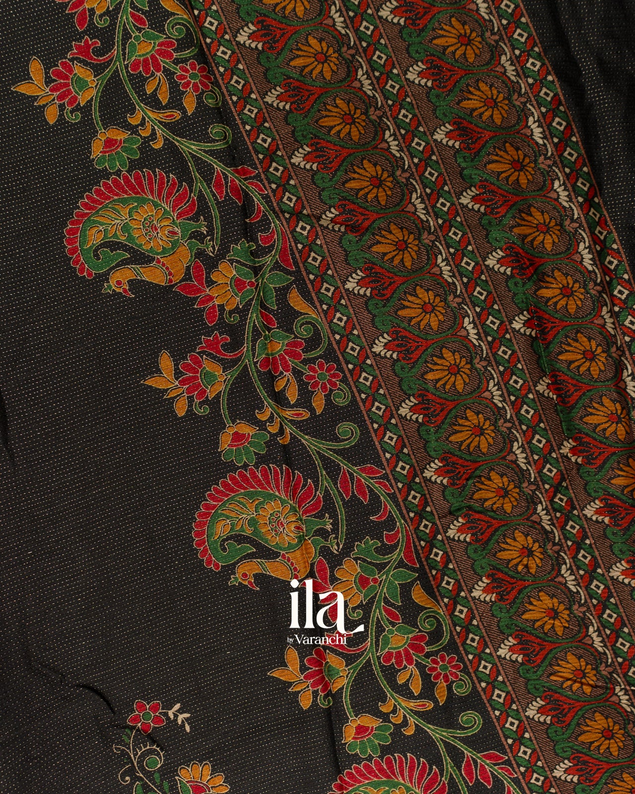 Black Peacock Printed Chinon Saree