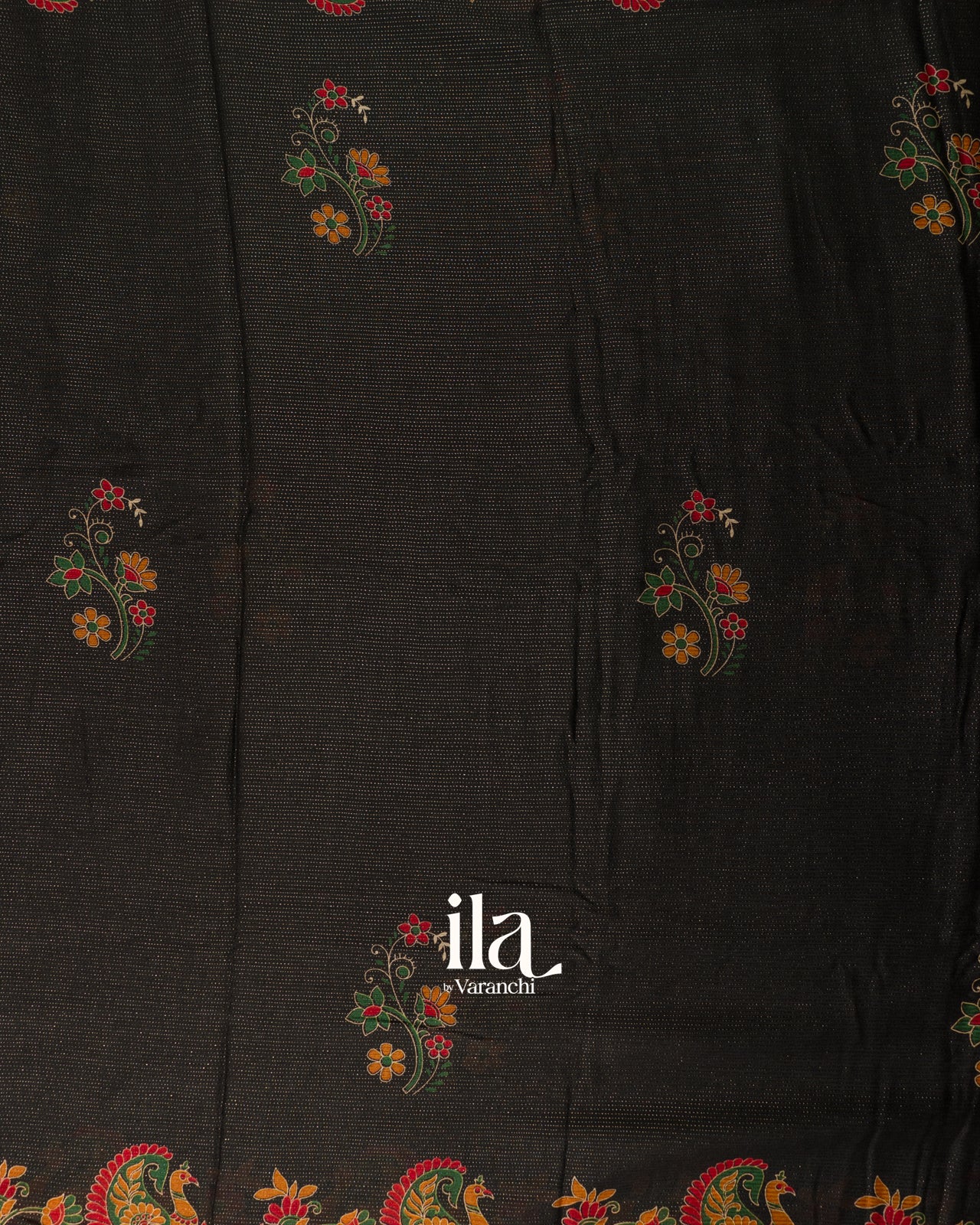 Black Peacock Printed Chinon Saree
