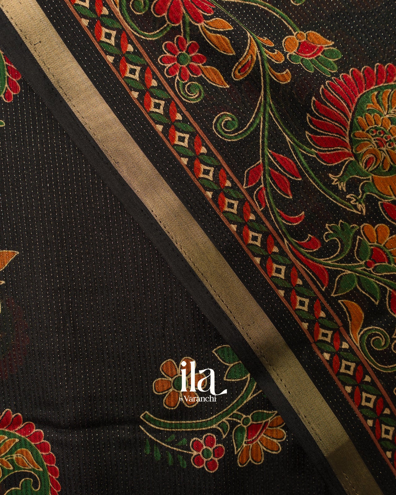 Black Peacock Printed Chinon Saree