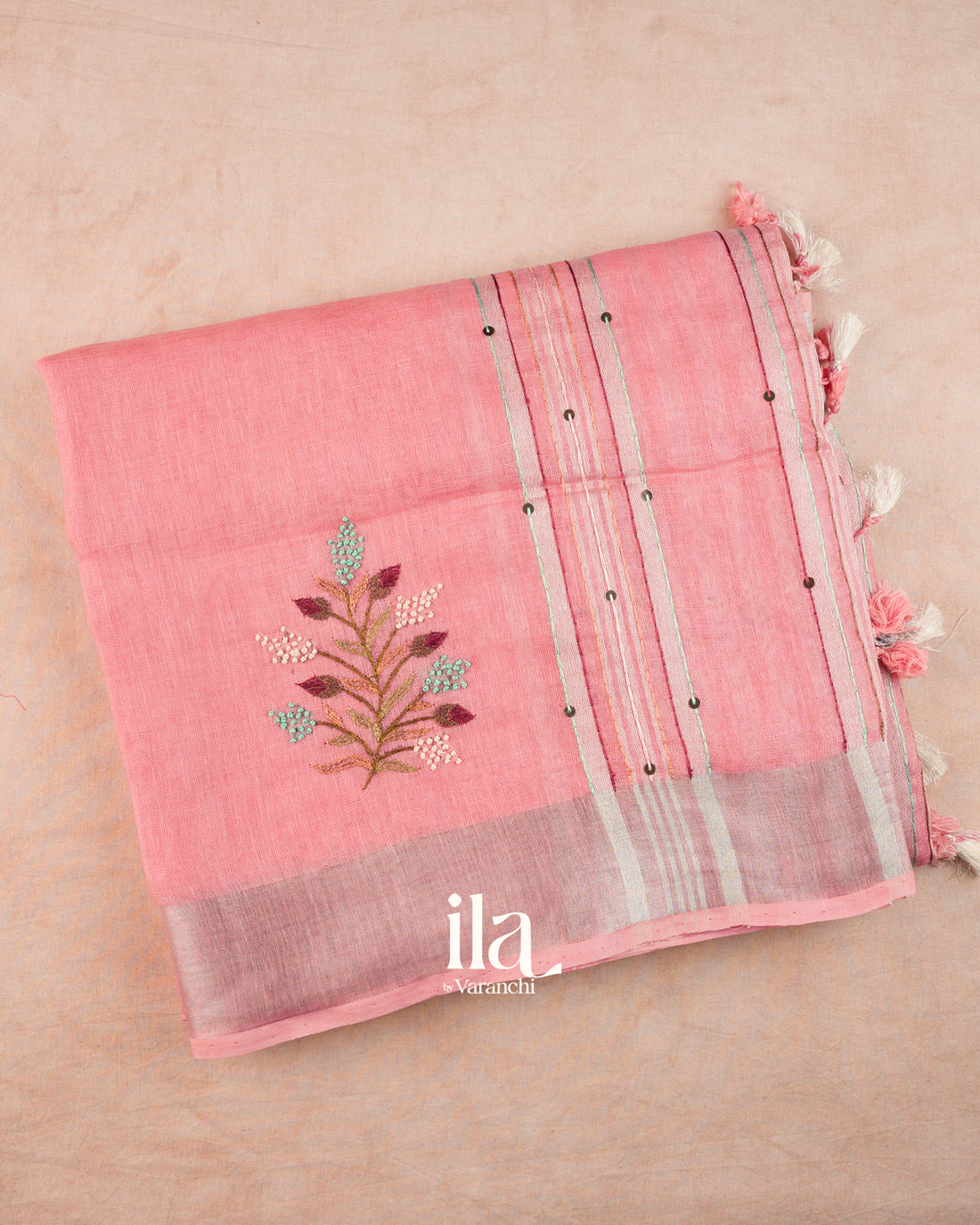 Baby Pink French Knot Embroidered Pure Linen Saree
