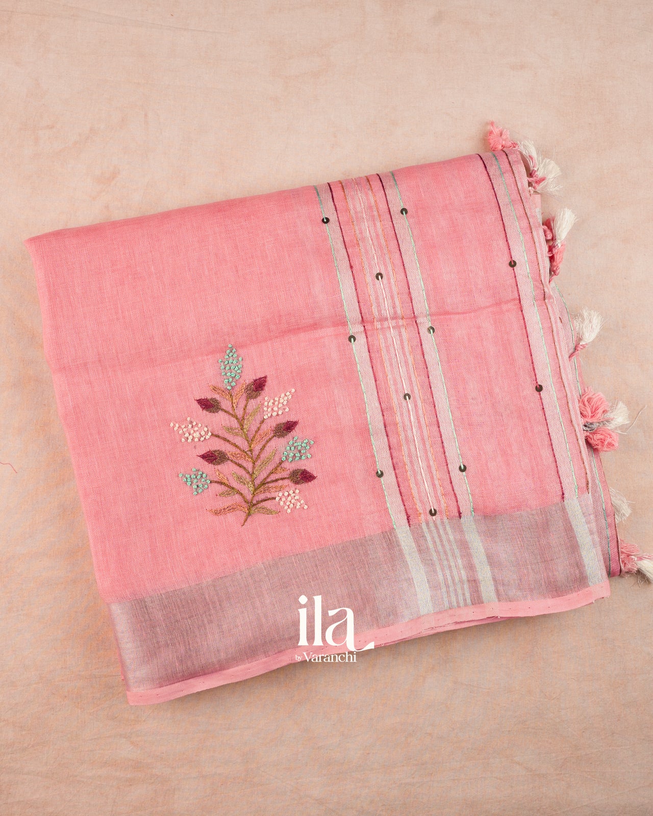 Baby Pink French Knot Embroidered Pure Linen Saree