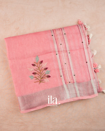 Baby Pink French Knot Embroidered Pure Linen Saree