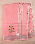 Baby Pink French Knot Embroidered Pure Linen Saree