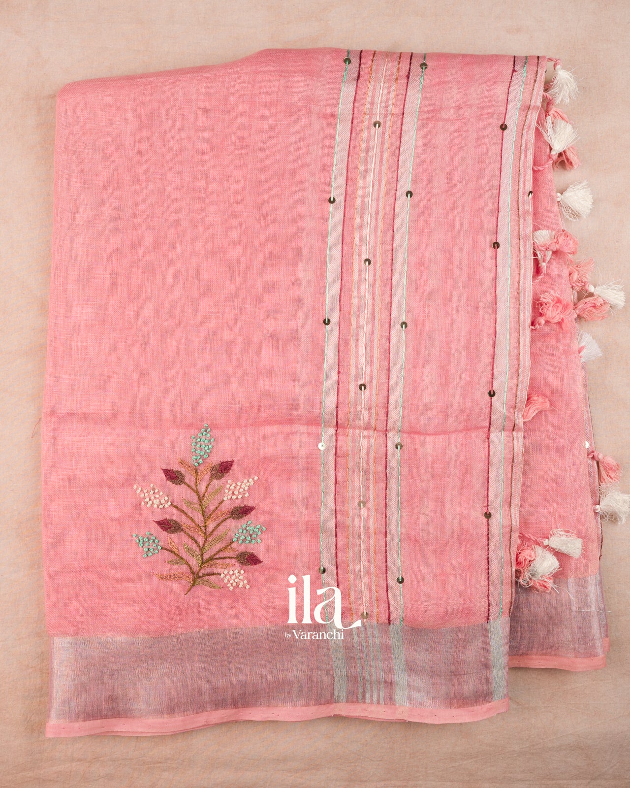 Baby Pink French Knot Embroidered Pure Linen Saree