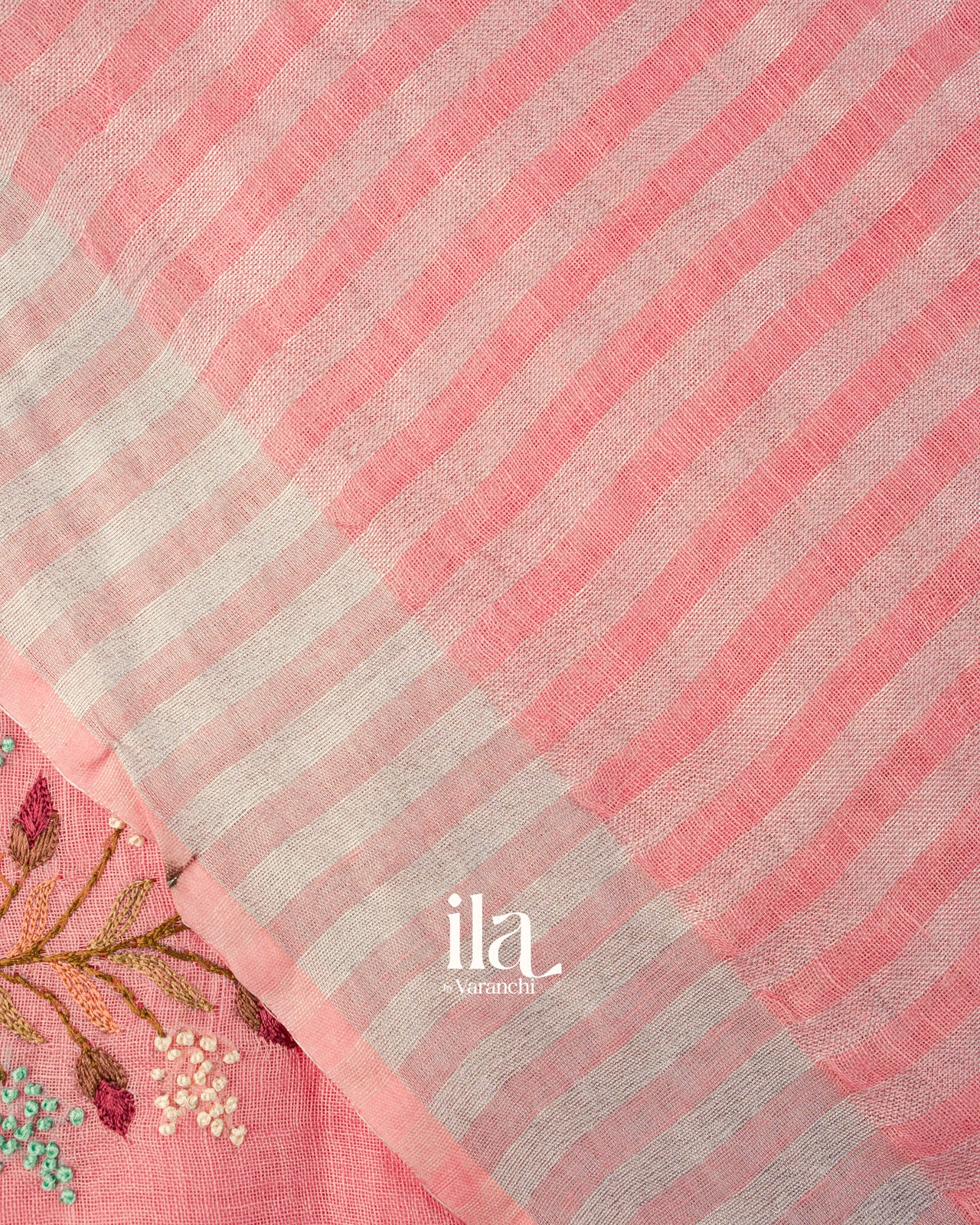 Baby Pink French Knot Embroidered Pure Linen Saree