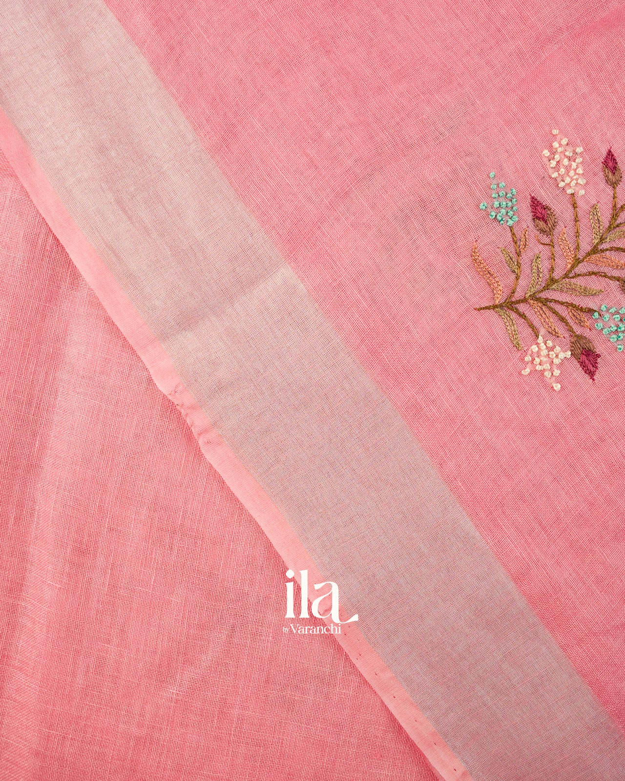 Baby Pink French Knot Embroidered Pure Linen Saree