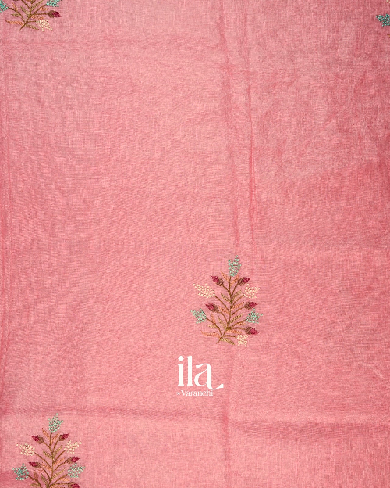 Baby Pink French Knot Embroidered Pure Linen Saree