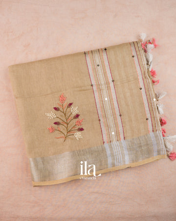 Beige French Knot Embroidered Linen Saree